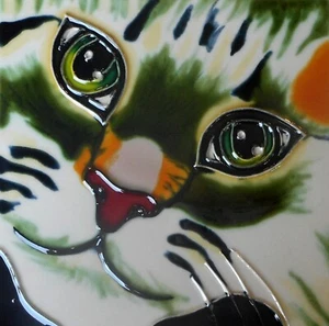 Cat hand painted ceramic art tile 6 x 6 inches with fiberboard back - Picture 1 of 2