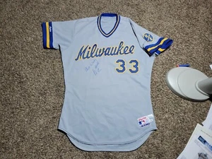 Camiseta deportiva firmada por Jay ALDRICH 1988 Milwaukee Brewers usada emitida por el equipo Rawlings - Imagen 1 de 16