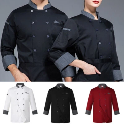 Unisex Long Sleeve Chef Coat Jacket Men Women Kitchen Workwear Cooking Uniform - Image 1 of 4