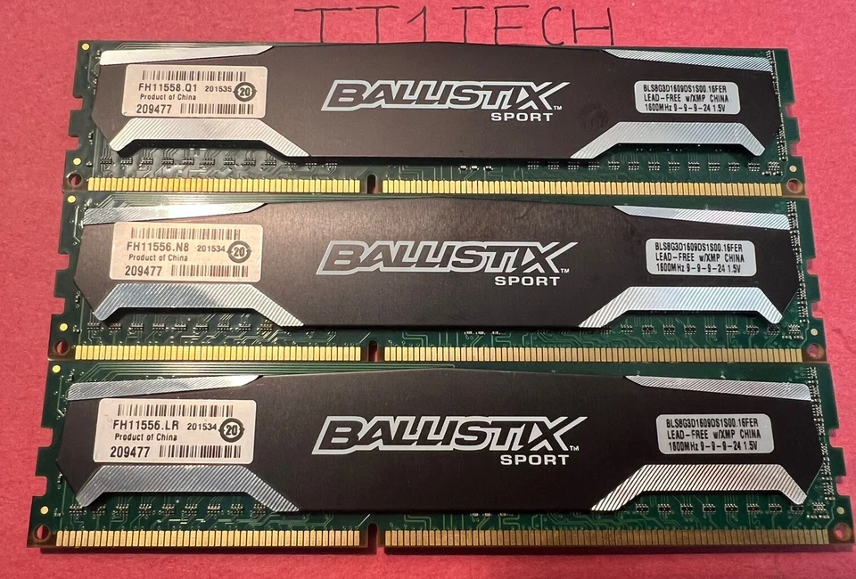 Crucial Ballistix BLS8G3D1609DS1S00.M16FED PC3-12800u LOT (3) x 8GB = 24GB RAM - Image 1 of 1