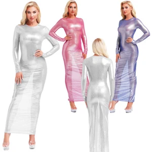 Women Outfits Tight Costume Night Dress Long Maxi Round Neck Slim Fit Club Sexy - Picture 1 of 48