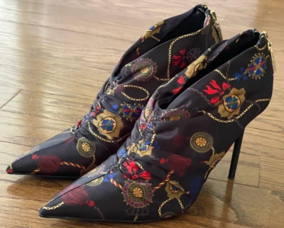 NUEVO ZARA MUJER Negro Multi Bufanda Estampado Satén Zapato Tacones de Aguja Talla 7 1/2 Foto 1 de 4