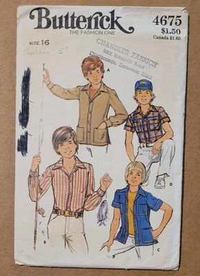 Teen Boys Shirts Vintage 70s Butterick 4675 Sewing Pattern Size 16 - Image 1 of 3