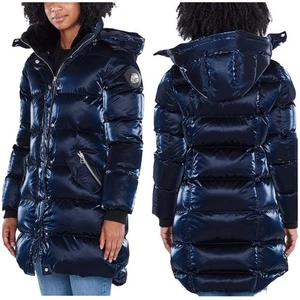 Nuevo Pájaro Carpintero Pingüino Abrigo Largo Puffer Chaqueta Todo Húmedo Azul Marino Edredón Metálico Talla S - Imagen 1 de 16