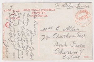 Primera Guerra Mundial Rock Ferry Cheshire en servicio activo Southampton postal pagada Egipto 1915 - Imagen 1 de 3