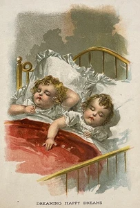 Antique 1903 Color Print Two Babies in Bed Dreaming Happy Dreams Child Decor - Picture 1 of 4