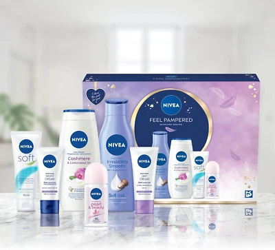 NIVEA Women's Feel Pampered Skincare Regime 6PC Gift Set (Shower Cream, Lotion,