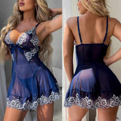 Conjuntos de lingerie sexy feminina azul renda babydoll roupa de dormir chemise roupa íntima - Imagem 1 de 4