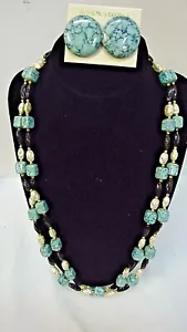 12" Turquoise Blue & Pearl Beaded Necklace & matching 1" Round Pierced Earrings. - Picture 1 of 8