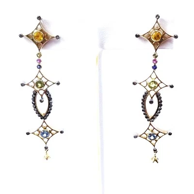 Diamond Drop Earrings 2.70 CTW Ladies 14k Yellow Gold Natural Multi Gemstones - Image 1 of 4