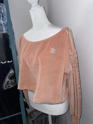 Adidas Velvet Peach Women Crop Sweatshirt With Stripe Details Off The Shoulder L - Image 1 of 4
