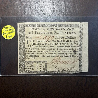 rhode island colonial currency Three Dollars July 2 1780 Signed And Issued - Image 1 of 4