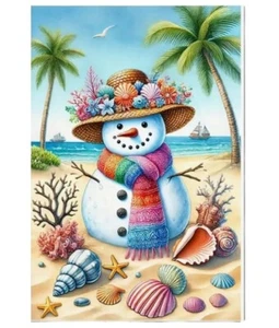 BANDERA JARDÍN NAVIDAD NYLON 12"X18" TROPICAL "TEMA PLAYA MUÑECO DE NIEVE" PALMERAS - Imagen 1 de 1