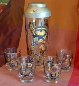 Shaker + 4 Lowball Glasses MCM Black Gold Overlay Gambling Barware Vegas Casino - Picture 1 of 24