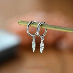 Dainty Feather Earrings 925 Sterling Silver Women Small Hoop Minimalist Earrings - Picture 1 of 4
