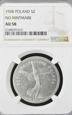 Polonia 1928 5 zlotych Nike sin marca de ceca NGC AU58. Foto 1 de 2