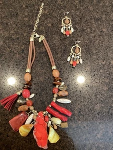 CHICO'S Coral And Multi-Bead Necklace With Matching Earrings - Picture 1 of 2