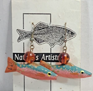 Salmon fish earrings, Artisan, Hand painted,  wooden - Picture 1 of 4