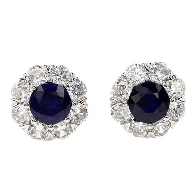 GENUINE AAA BLUE SAPPHIRE ROUND & WHITE CZ STERLING 925 SILVER STUD EARRING - Image 1 of 4