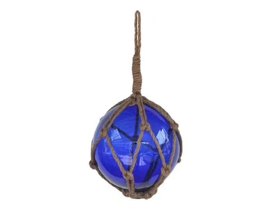 Repro 6" x 12" Blue Japanese Glass Ball Fishing Float w/ Netting Nautical Decor - Image 1 of 4