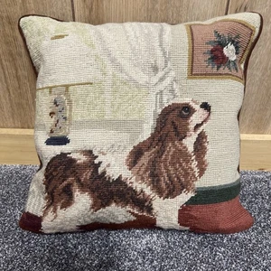 Vintage Needlepoint King Charles Spaniel Dog Pillow 12 X 12 Tapestry - Picture 1 of 9