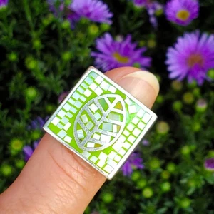 Sterling Blatt Ring limettengrün Emaille MOP Mosaik Größe 7,5 1990er Jahre Y2k Österreich ? - Bild 1 von 11