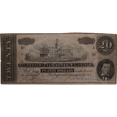 1864 $20 Confederate Note ~ Circulated - Obsolete Currency - Image 1 of 2