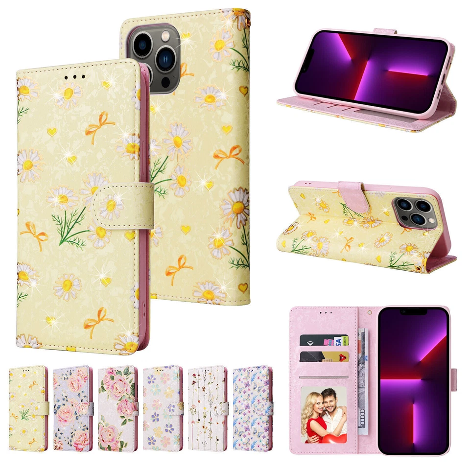 Flip Flower Wallet Phone Case For iPhone 11 12 13 14 15 16 Pro Max XR XS 7 8 SE - Image 1 of 4