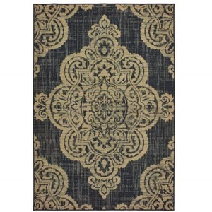 9' X 13' Black and Tan Oriental Stain Resistant Indoor Outdoor Area Rug - Picture 1 of 1