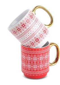 Tazzine da caffè Holiday Time in ceramica Fair Isle, 16 fl oz, set natalizio rosso e bianco - Foto 1 di 5