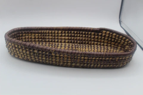 Vintage Pine Needle Basket-Long Oval Shape w. Brown Accents-Perfect for Boho Cover