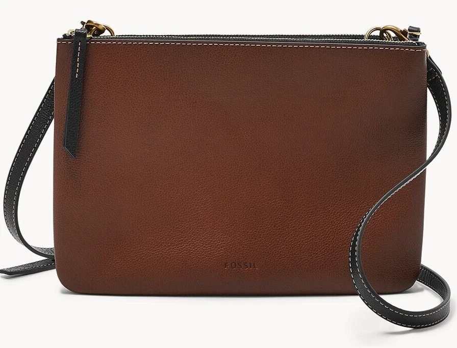 Fossil Devon Double Zip Crossbody Black Brown Leather ZB1827015 F