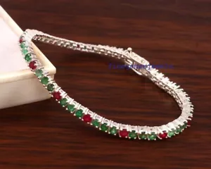 Natural Emerald & Ruby Gemstones with 925 Sterling Silver Women's Bracelet #9909 - Picture 1 of 9