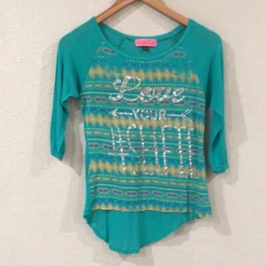Sugar High Girls XL 14/16 Shirt Green Aztec 3/4 Sleeves Knit Arrow Love Yourself - Picture 1 of 10