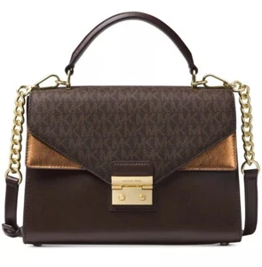 Nuevo bolso Michael Kors Sloan mediano mango superior mezcla cuero chocolate oro - Imagen 1 de 4