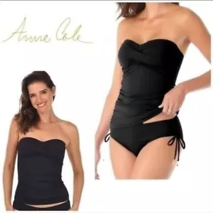 Anne Cole Twist Front Shirred Bandeaukini Sewn in Cups Removable Strap Black XL - Picture 1 of 13