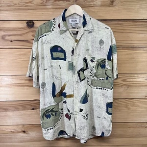 Vtg Cellini Shirt Medium Rayon Button Huille Dolives Rue Ginoux Cafe Bird B14 - Picture 1 of 16