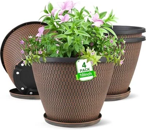 4 x 10-inch outdoor indoor planters, plastic with drainage holes and trays - Picture 1 of 7