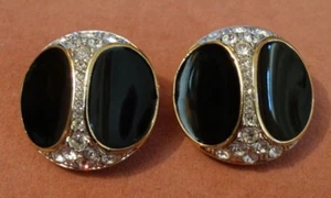 Vintage Gold tone Black Enamel Clear Rhinestone Circular Clip on Earrings - Picture 1 of 7