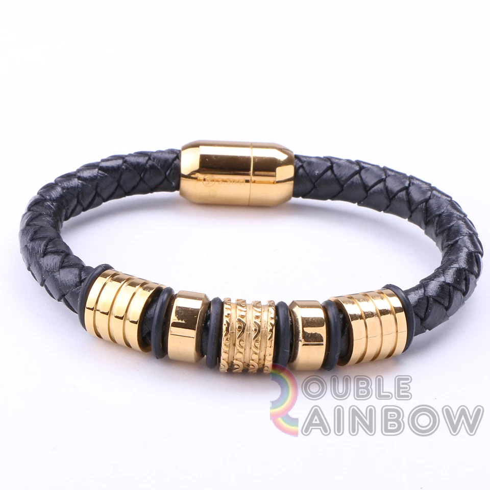 Pulsera de cuero trenzado de acero inoxidable dorado plata para hombre #MB-4 Foto 1 de 1