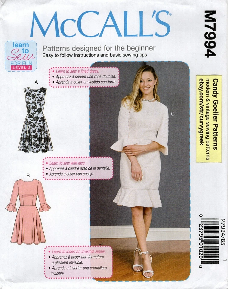 McCall's M7994 LEARN TO SEW Lined Dress w Flounces Overlay Sz 8-16 UNCUT