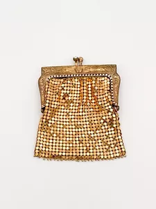 Vtg Gold Mesh Coin Purse | Engraved Floral Frame & Rhinestone Clasp, Art Deco - Picture 1 of 6