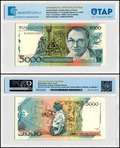 Brazil 5 Cruzados Novos on 5000 Cruzados, 1989 ND, P-217a, UNC, Authenticated - Picture 1 of 1