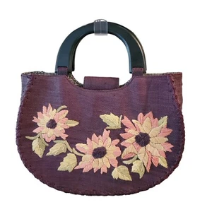Talbots Straw Handbag Floral Embroidered Wood Top Handle Bag Medium 12" NWOT - Picture 1 of 9