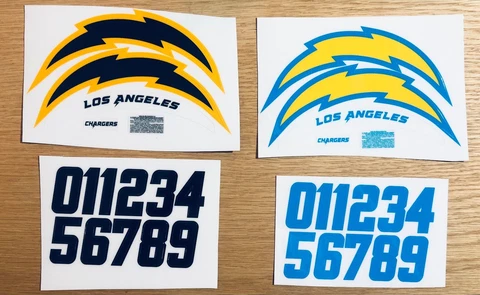 Los Angeles (LA) Chargers Football Helmet Decals - Full Set And Numbers Cover