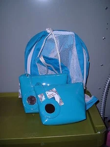 Bolso de playa con cordón de malla turquesa dos bolsos cosméticos con cremallera de vinilo espejos  - Imagen 1 de 1
