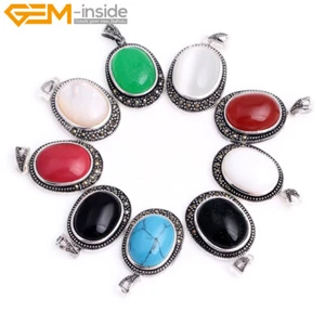 Silver Oval Marcasite Turqupise Agate Bead Women Jewelry Pendant Necklace Making - Picture 1 of 42