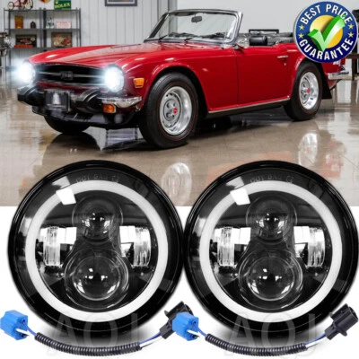 For Triumph TR6 1969-1976 Round Projector 7" LED Headlights Halo Angel Eyes DRL Foto 1 de 4