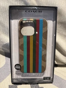 COACH iPhone 13 Pro Cell Phone Case Signature Rainbow Stripe Logo Khaki - Photo 1 sur 2
