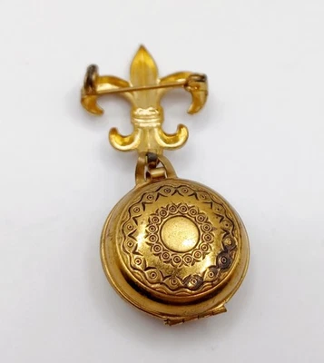 Vintage/Antique Fleur De Lis Brooch Pin Photo Locket Engraved Brass Estate - Image 1 of 4
